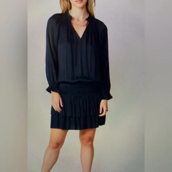 ANTHROPOLOGIE CURRENT AIR Satin Black Coquette Stylish Chic Pleated Mini Dress - Picture 2 of 7